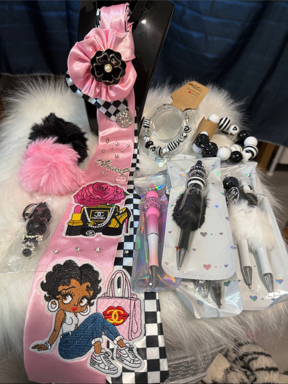 Chanel-Inspired Pink Ribbon Junk Tie 8 designer pens - 3 bracelet and key chain